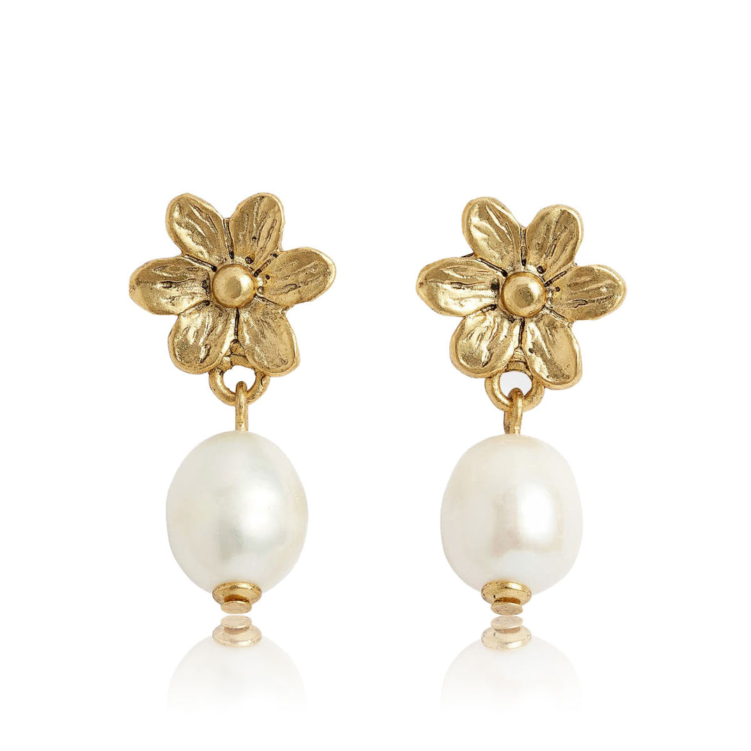 Mini Daisy Pearl Drop Earrings with engraved gold plated flowers and dangling freshwater pearls