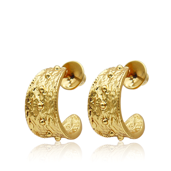 Mini Dots Hoop Earrings with raised gold plated dots and irregular textured surface
