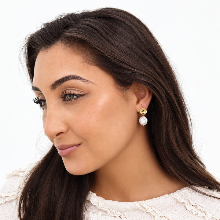 Mini Pearl Drop Earring worn on brunette model showing hammered gold stud and freshwater pearl