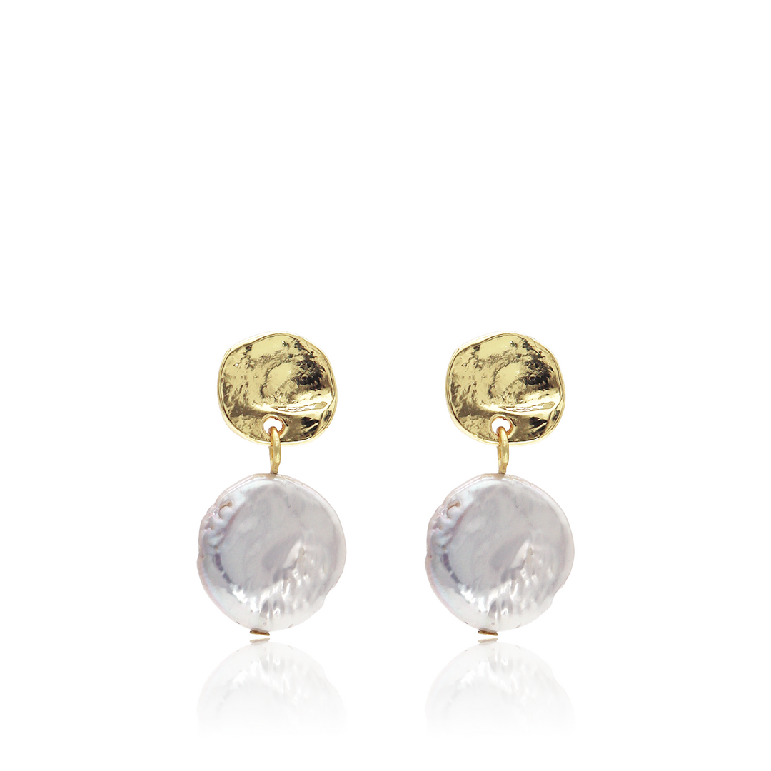 Mini Pearl Drop Earrings with hammered gold coin studs and genuine flat freshwater pearls