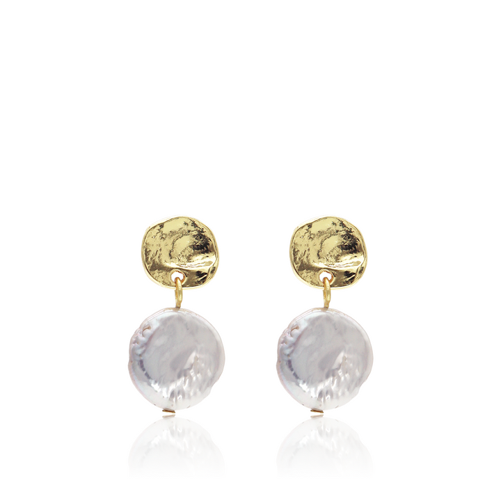 Mini Pearl Drop Earrings with hammered gold coin studs and genuine flat freshwater pearls