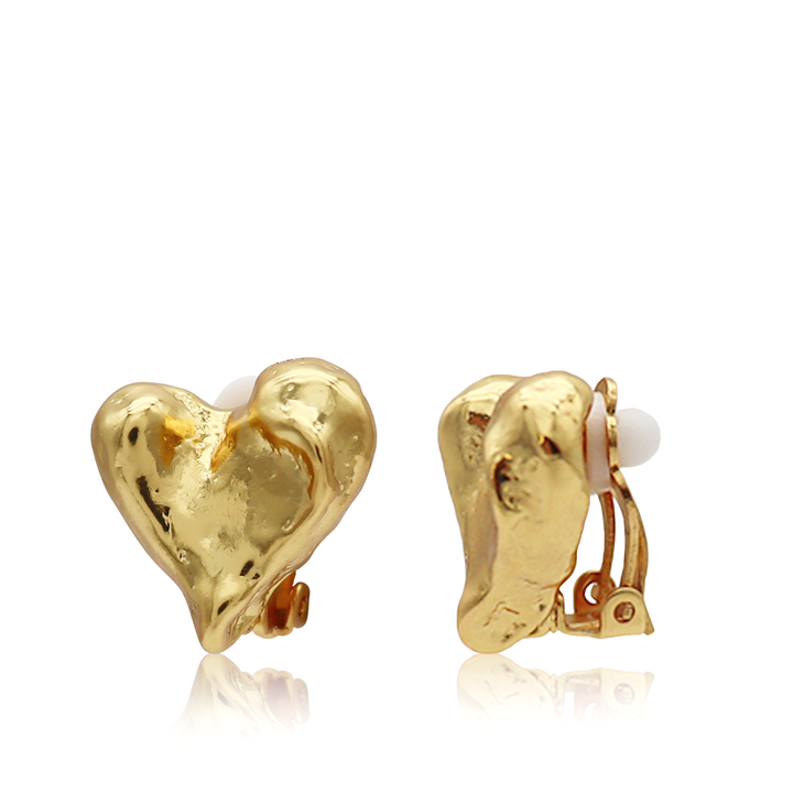 Molten Heart Clip-On Earrings with sculpted gold plated hearts and padded clip closures