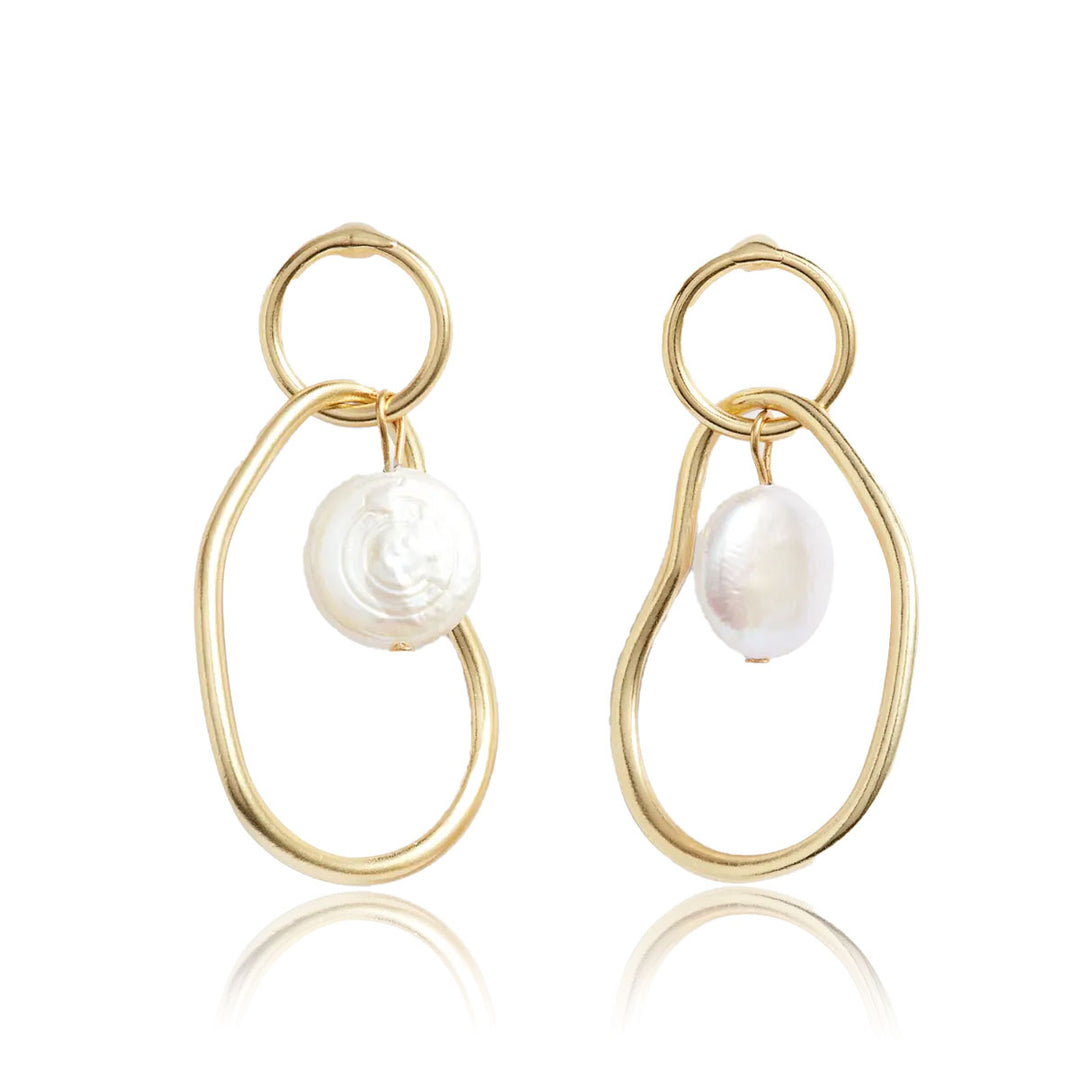Organic Link Pearl Drop Earrings with asymmetrical gold plated links and genuine freshwater pearls