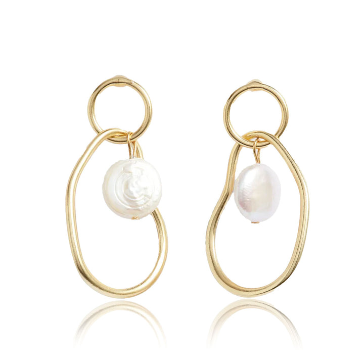 Organic Link Pearl Drop Earrings with asymmetrical gold plated links and genuine freshwater pearls