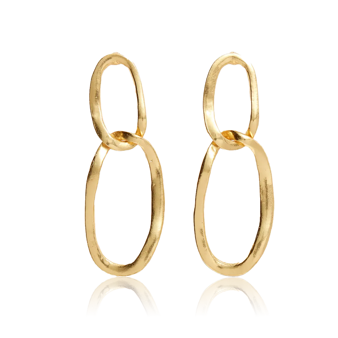 Gold Oval Link Drop Earrings with two irregular open oval links and textured edges