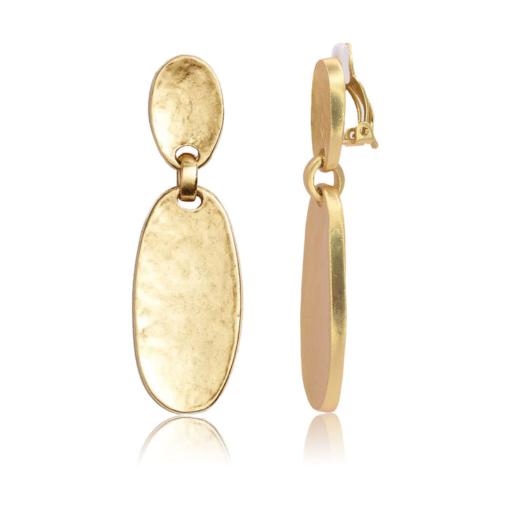 Gold Oval Plate Clip-On Earrings with two textured oval discs and adjustable backs