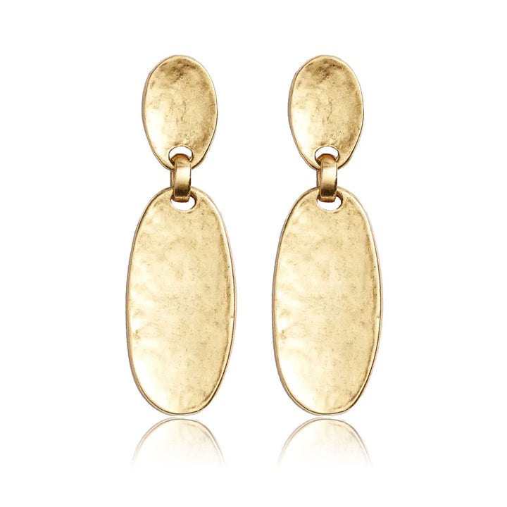 Oval Plate Drop Earrings with two linked hammered gold plated oval discs