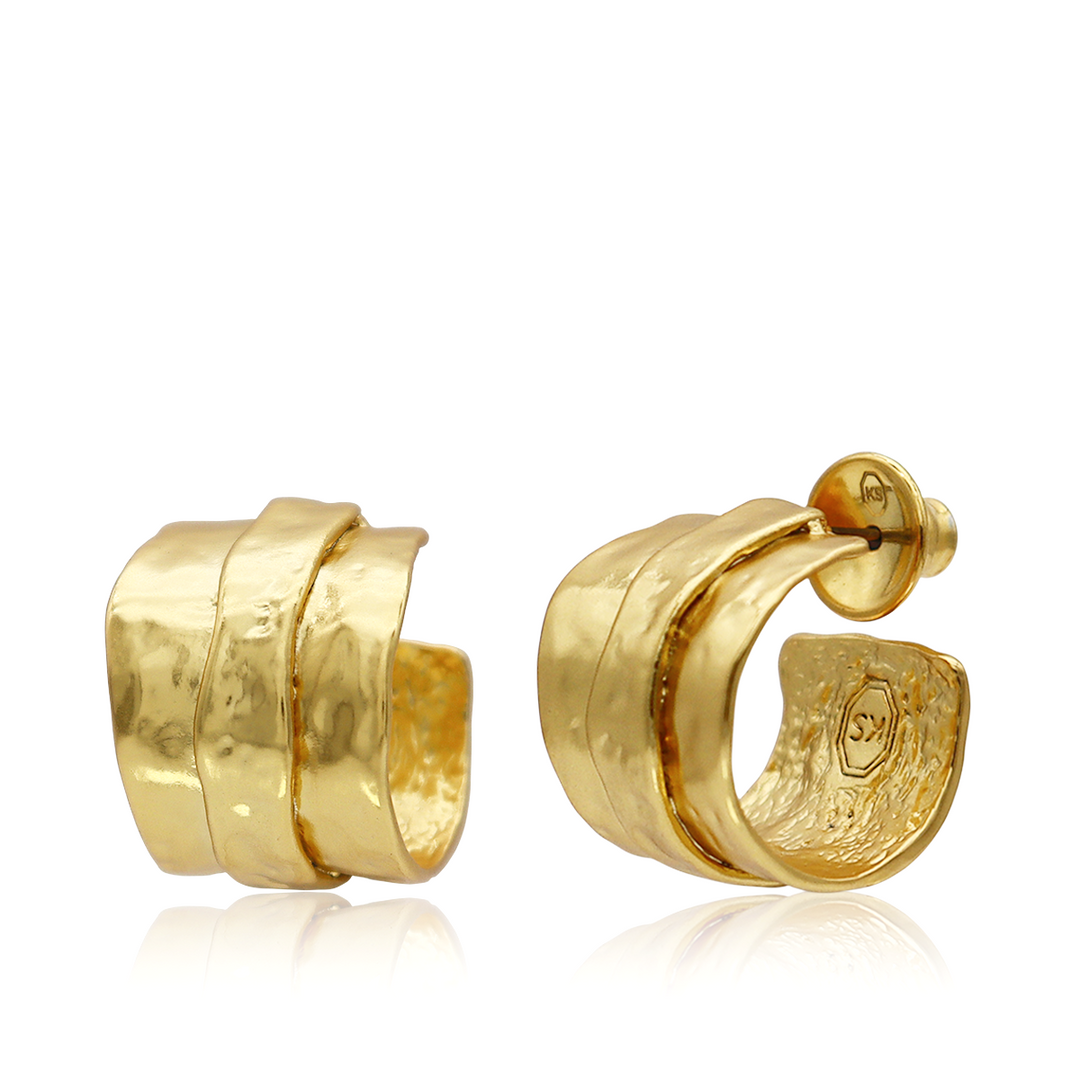 Parchment Texture Hoop Earrings with overlapping gold plated bands and lightly textured finish