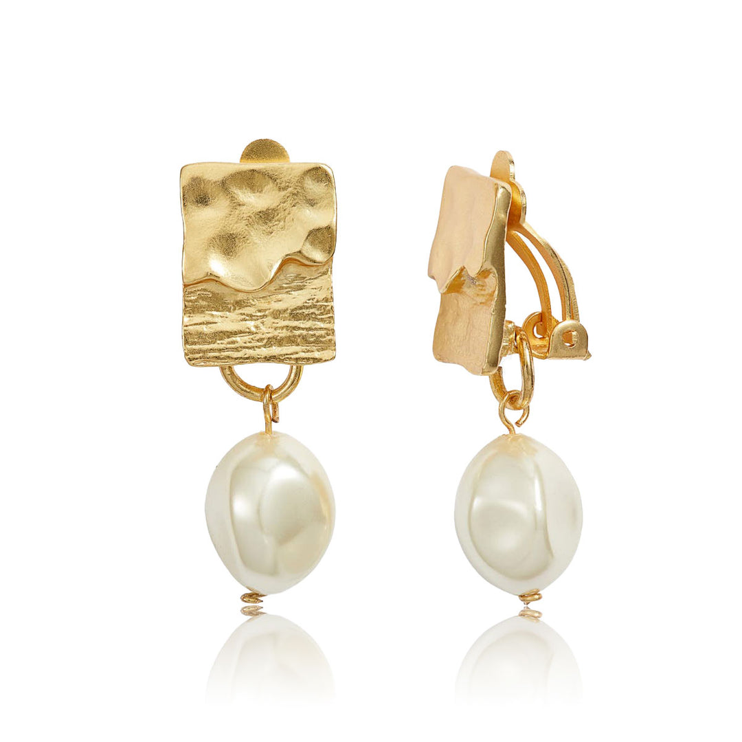 Gold Pearl Drop Clip-On Earrings with hammered rectangular tops and irregular white faux pearls