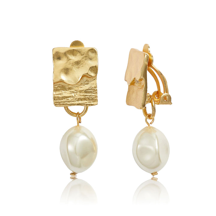 Gold Pearl Drop Clip-On Earrings with hammered rectangular tops and irregular white faux pearls