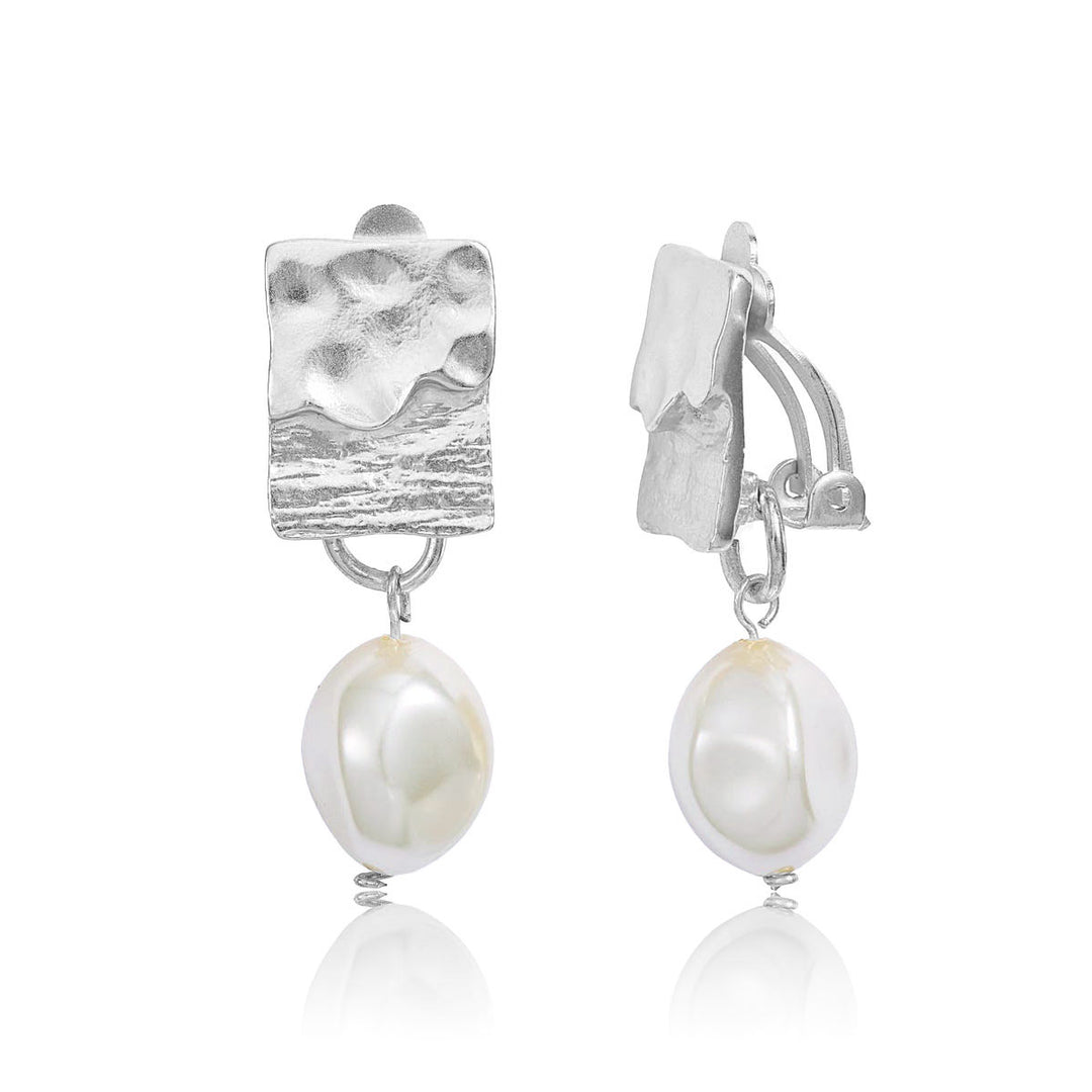 Silver Pearl Drop Clip-On Earrings with brushed rectangular tops, faux pearl drops and adjustable backs