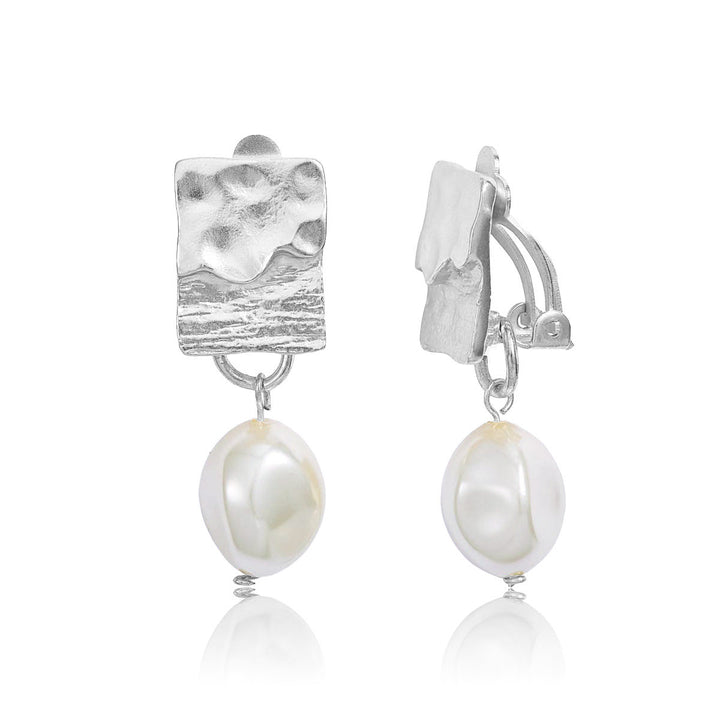Silver Pearl Drop Clip-On Earrings with brushed rectangular tops, faux pearl drops and adjustable backs
