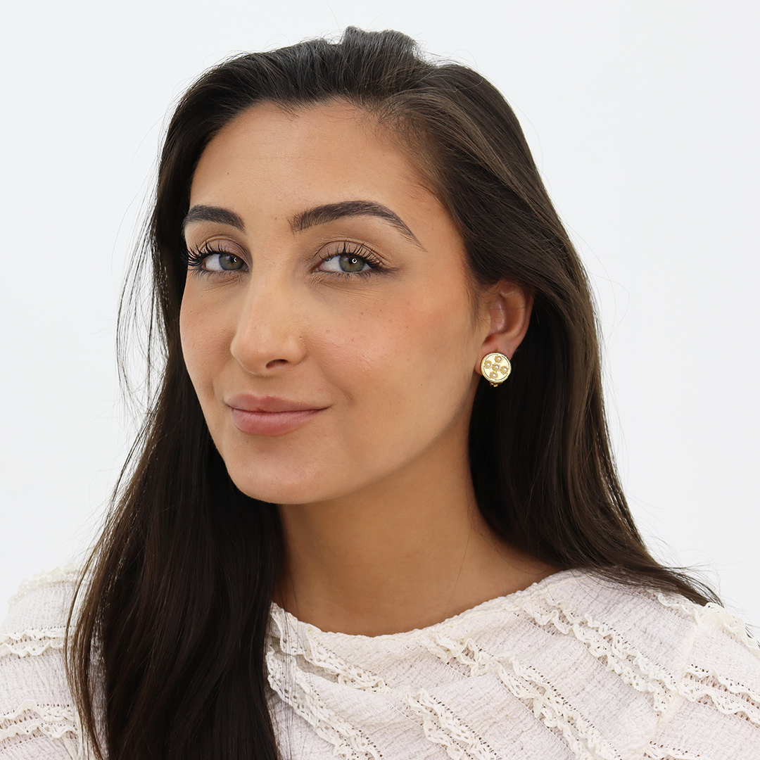 Pearly Coin Clip-On Earrings worn on brunette model showing delicate pearl coin design