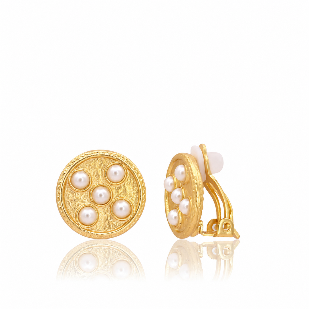 Pearly Coin Clip-On Earrings with five faux pearls, textured gold plated coins and padded clips