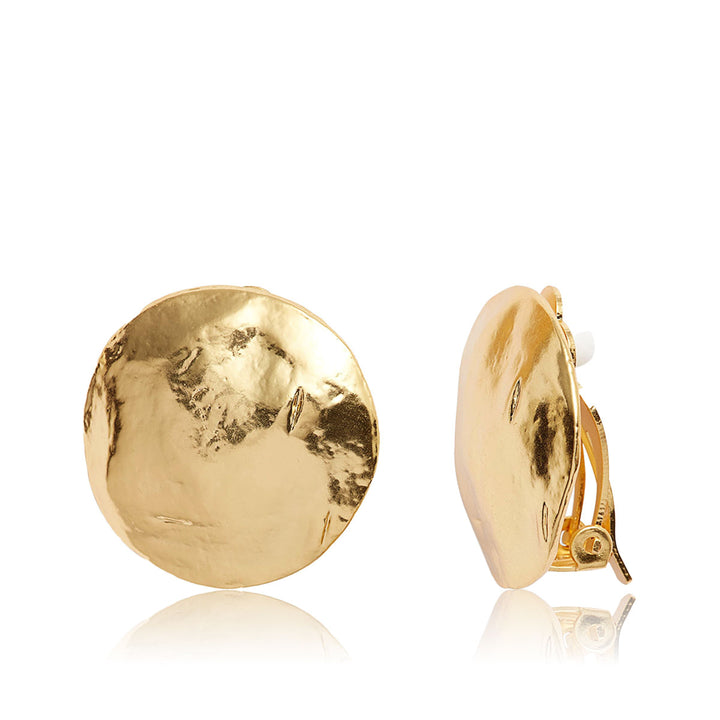 Gold Shell Disc Clip-On Earrings with hammered round discs and adjustable clip backs