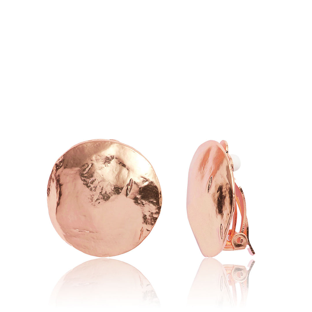 Rose Gold Shell Disc Clip-On Earrings with hammered texture and adjustable clip closures