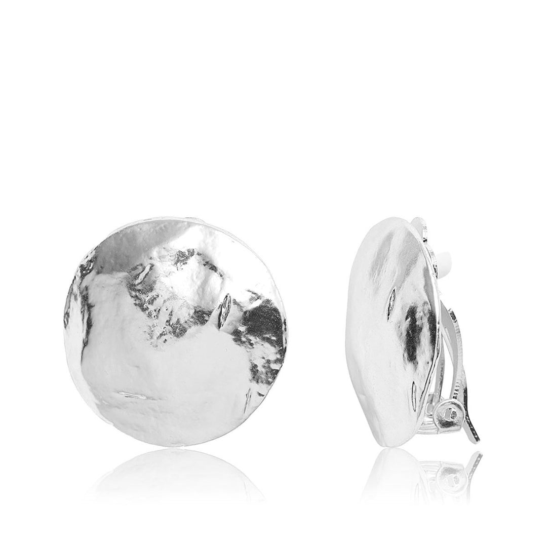 Silver Shell Disc Clip-On Earrings featuring textured hammered discs and clip-on backs