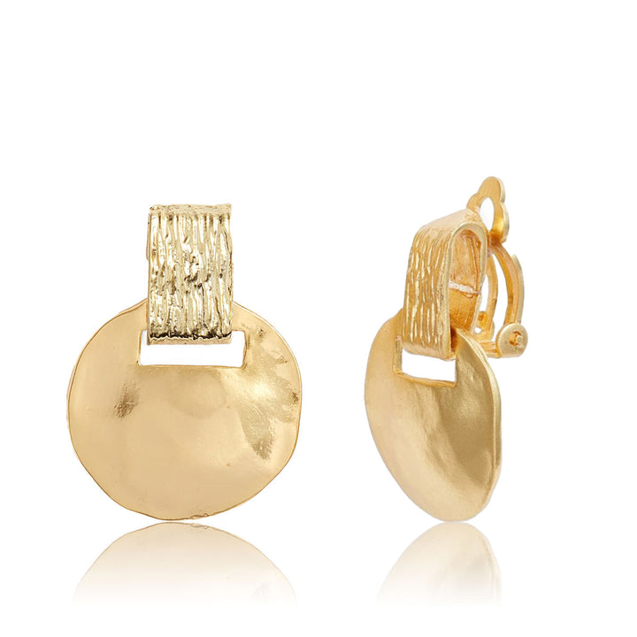 Gold Short Drop Clip-On Earrings with textured rectangular tops and dangling hammered discs