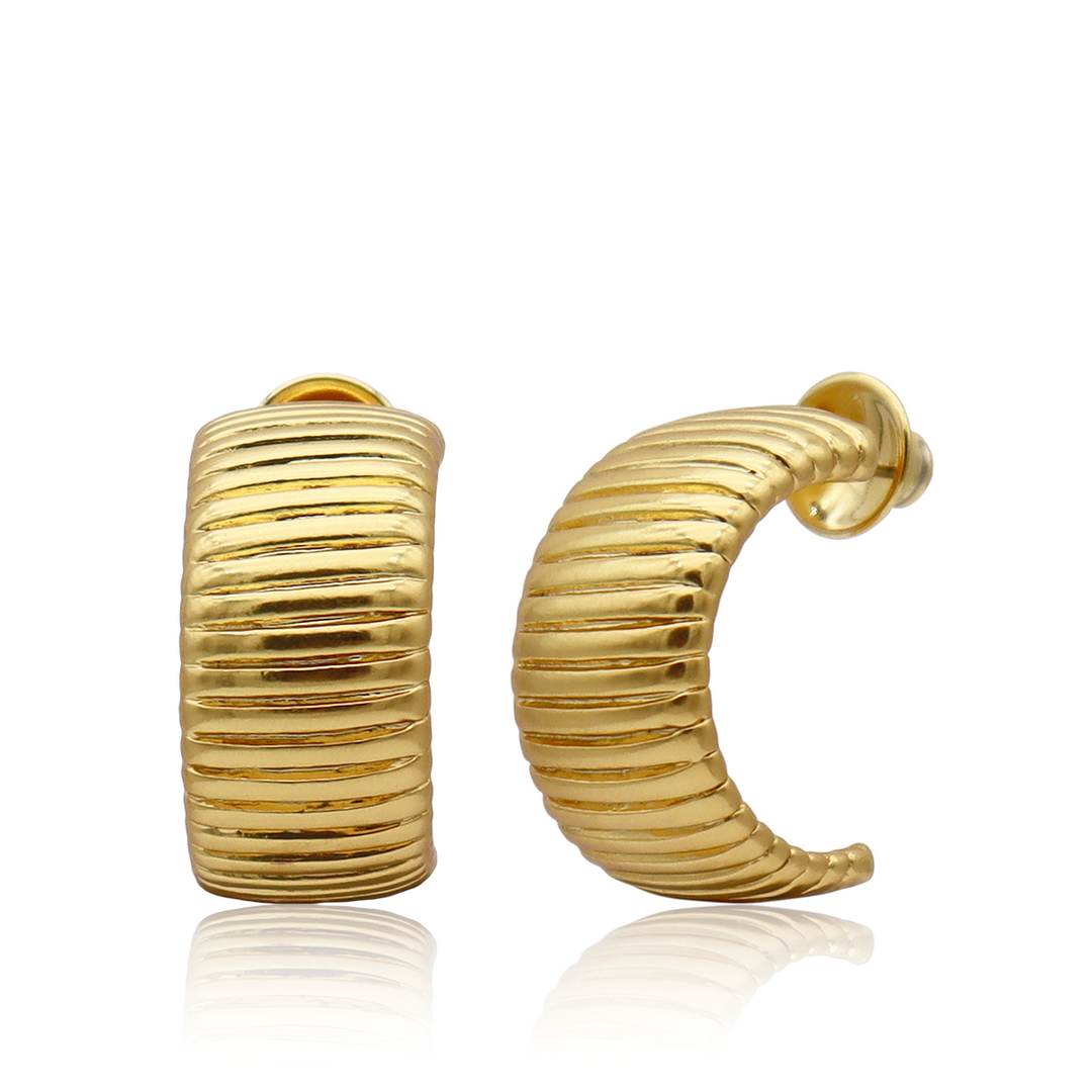 Snake Chain Hoop Earrings with wide curved gold plated hoops and raised horizontal ridges