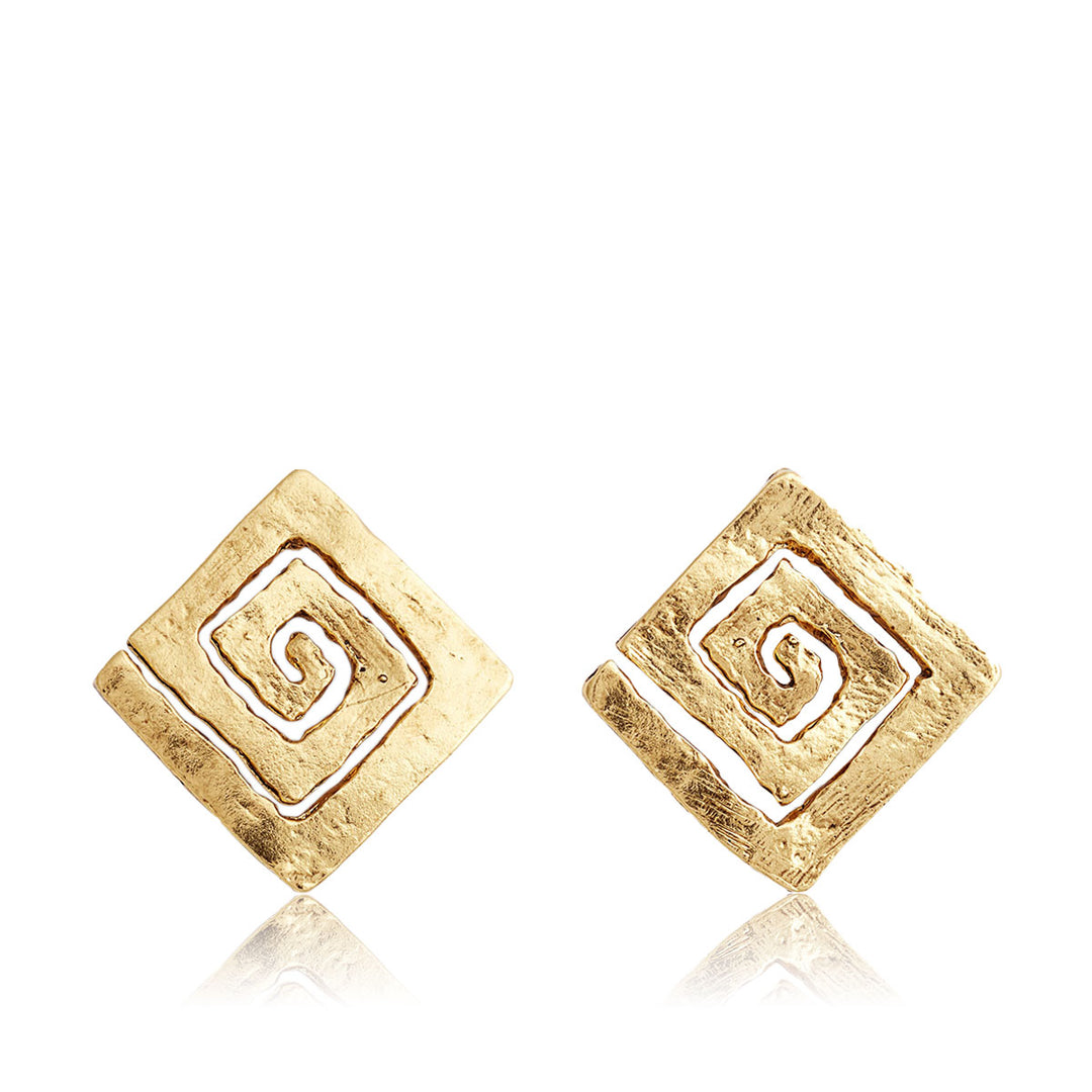 Gold Square Spiral Stud Earrings with hammered diamond-shaped openwork spiral design