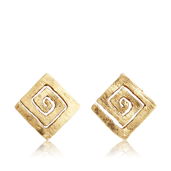 Gold Square Spiral Stud Earrings with hammered diamond-shaped openwork spiral design