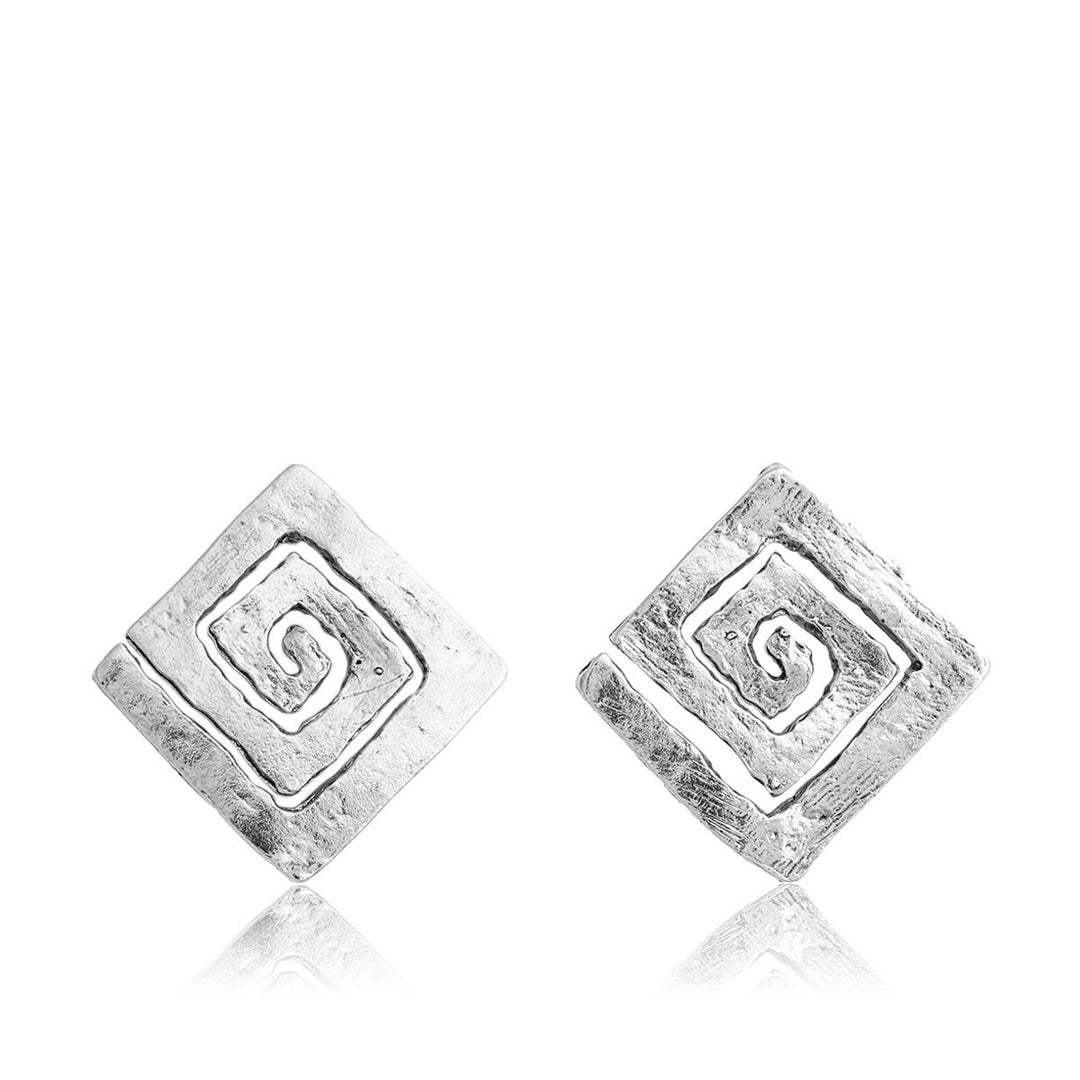 Silver Square Spiral Stud Earrings with textured open square spirals and irregular edges