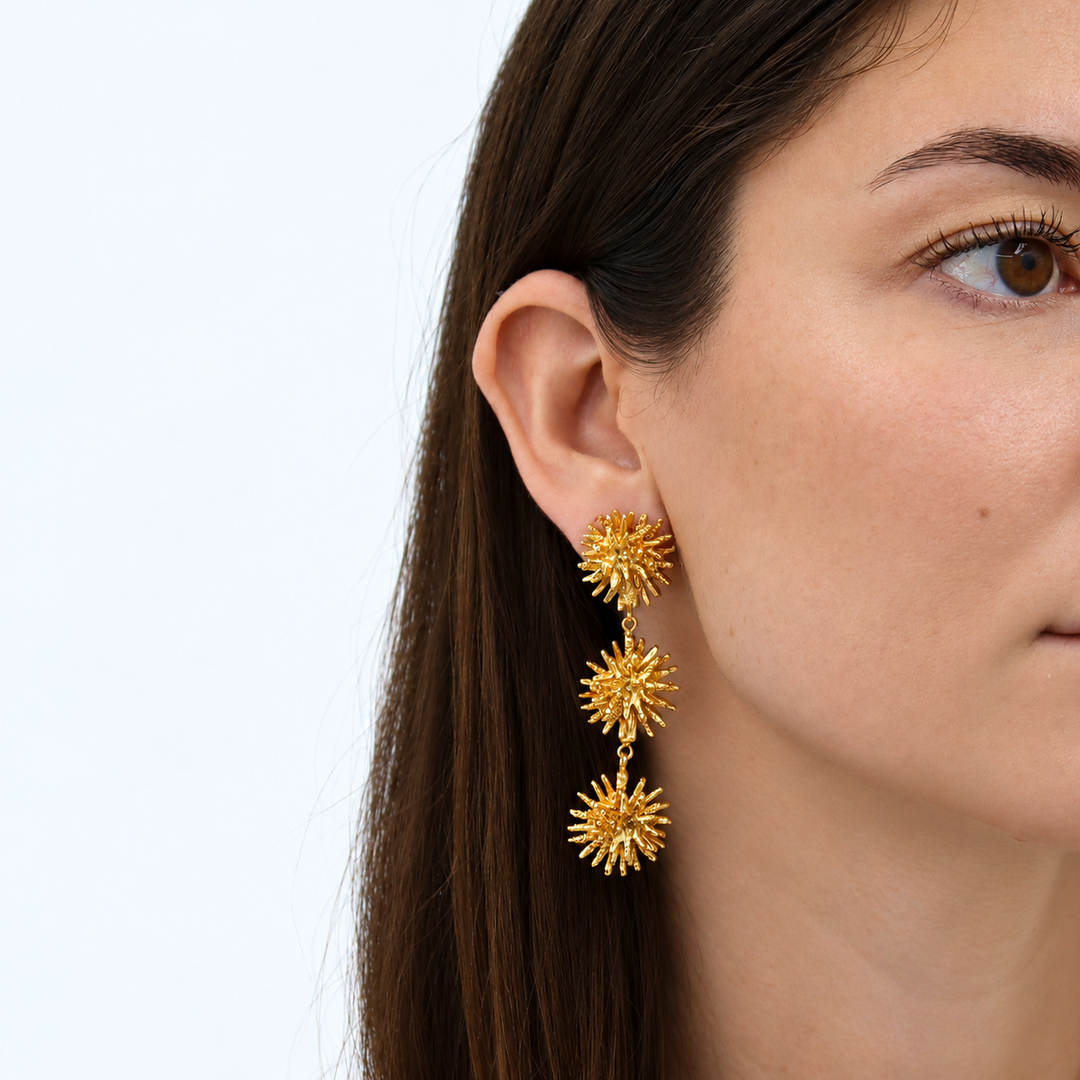 Starburst Cluster Clip-On Earrings worn close up showing three dangling textured sunbursts