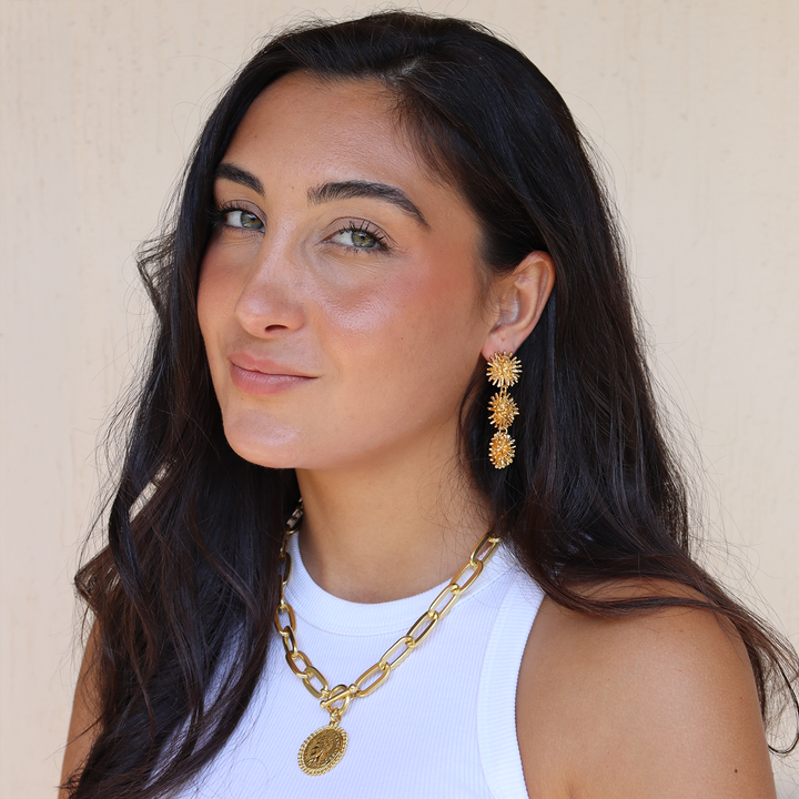 Starburst Cluster Clip-On Earrings worn with gold plated medallion chain necklace