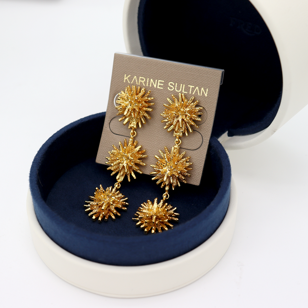 Starburst Cluster Clip-On Earrings displayed on Karine Sultan card inside navy jewelry box