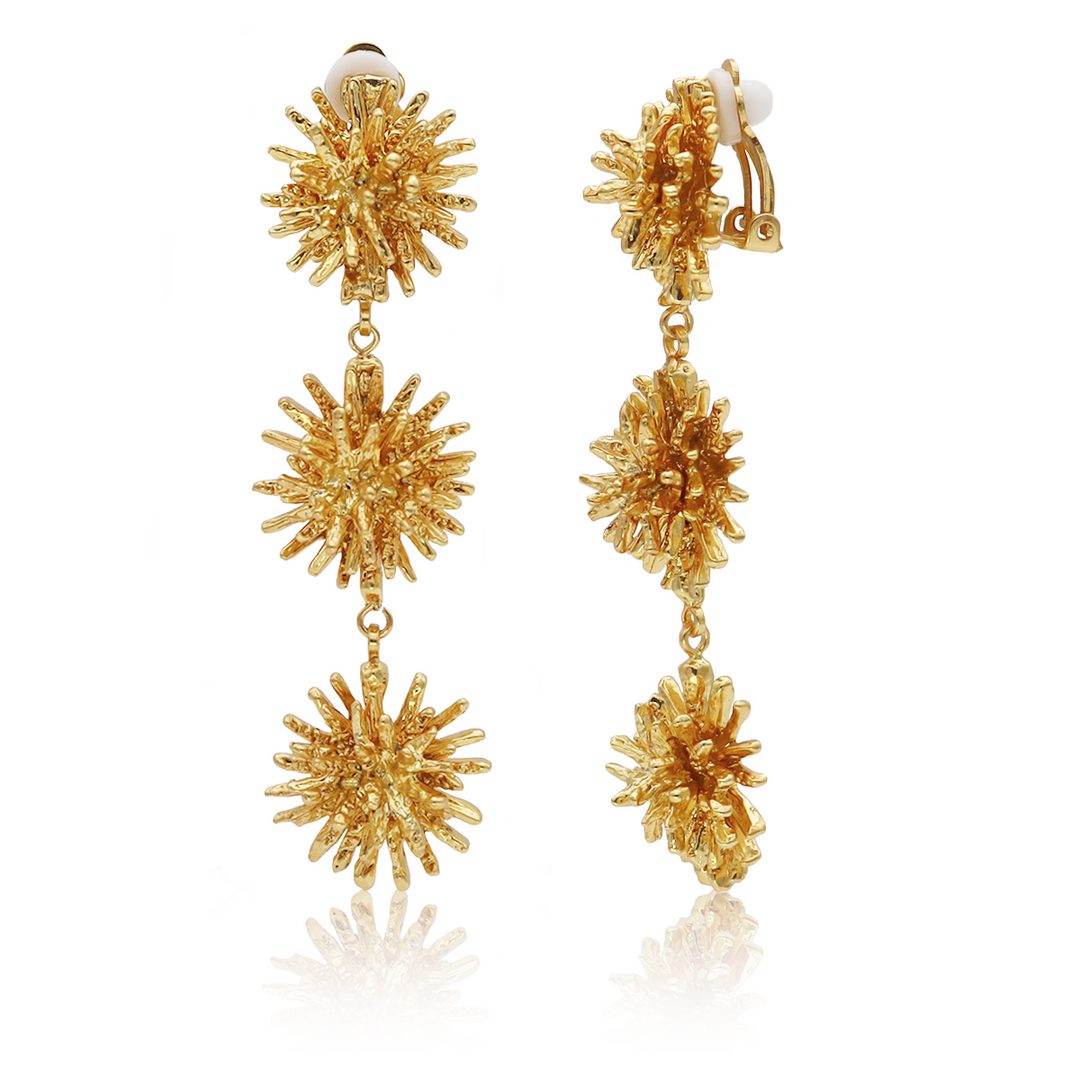 Starburst Cluster Clip-On Earrings with three linked textured sunbursts and padded clip backs