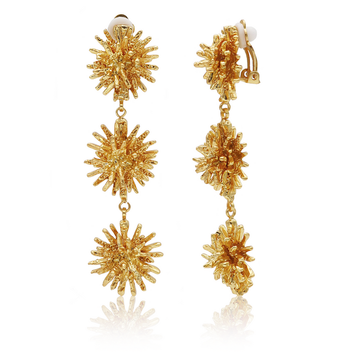 Starburst Cluster Clip-On Earrings with three linked textured sunbursts and padded clip backs