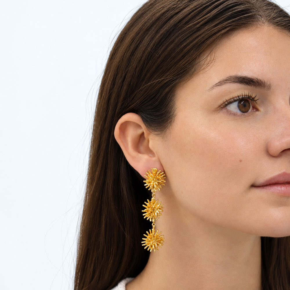 Starburst Cluster Linear Drop Earrings displayed on glass bowl showing textured rays and post backs