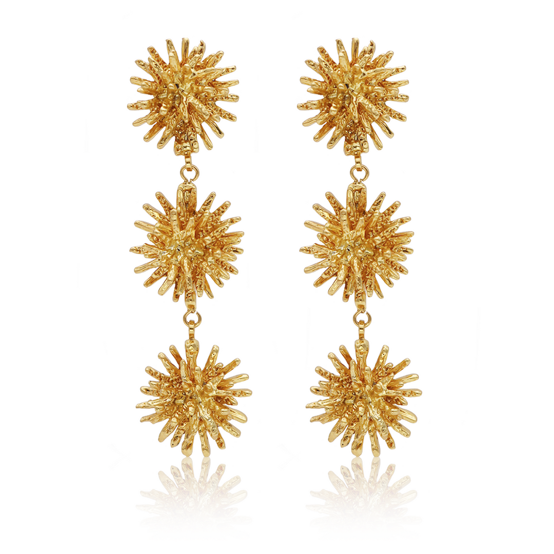 Starburst Cluster Linear Drop Earrings with three textured gold plated starbursts linked vertically