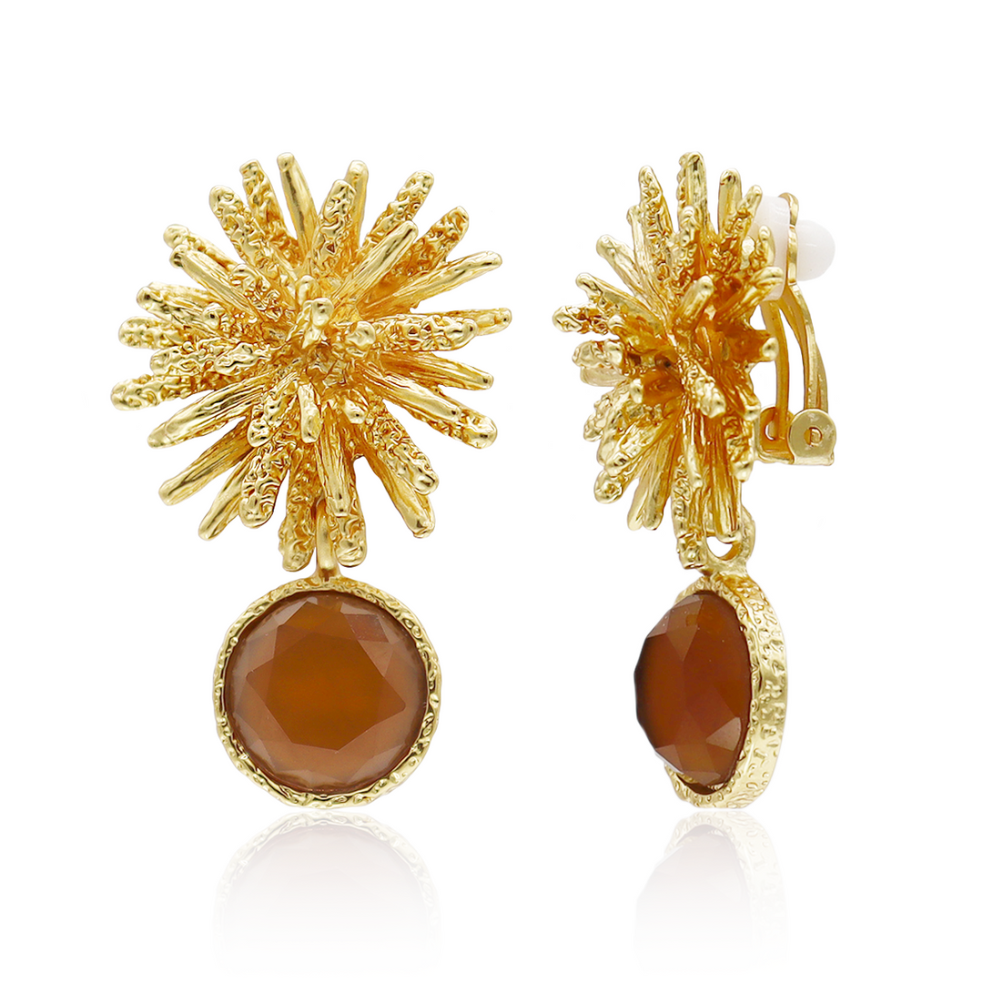 Espresso Starburst Gem Clip-On Earrings with textured gold plated rays and brown glass