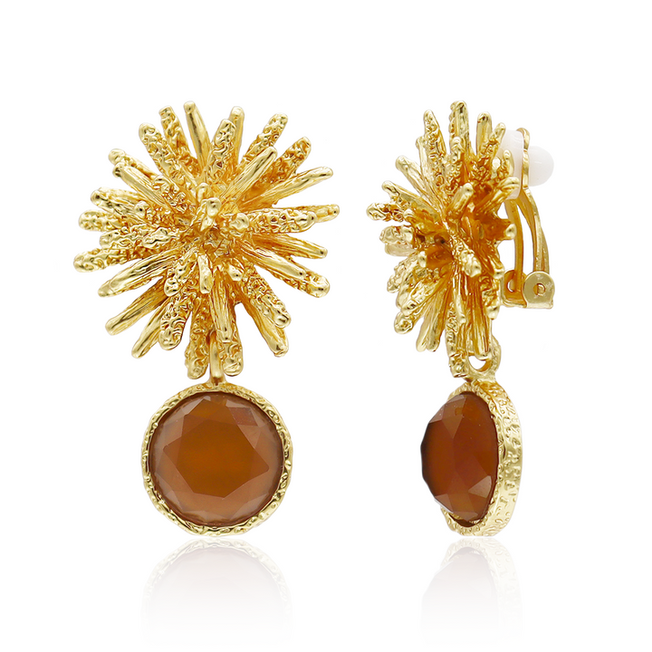 Espresso Starburst Gem Clip-On Earrings with textured gold plated rays and brown glass