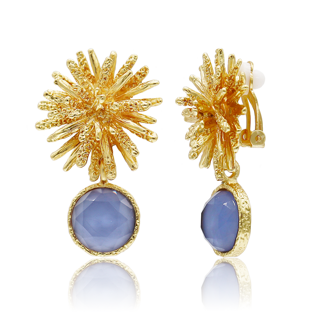 Soft Denim Blue Starburst Gem Clip-On Earrings with blue faceted glass and padded clips