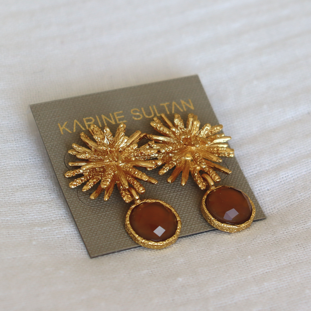 Espresso Starburst Gem Drop Earrings displayed on Karine Sultan card