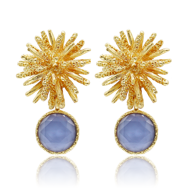 Soft Denim Blue Starburst Gem Drop Earrings with faceted glass