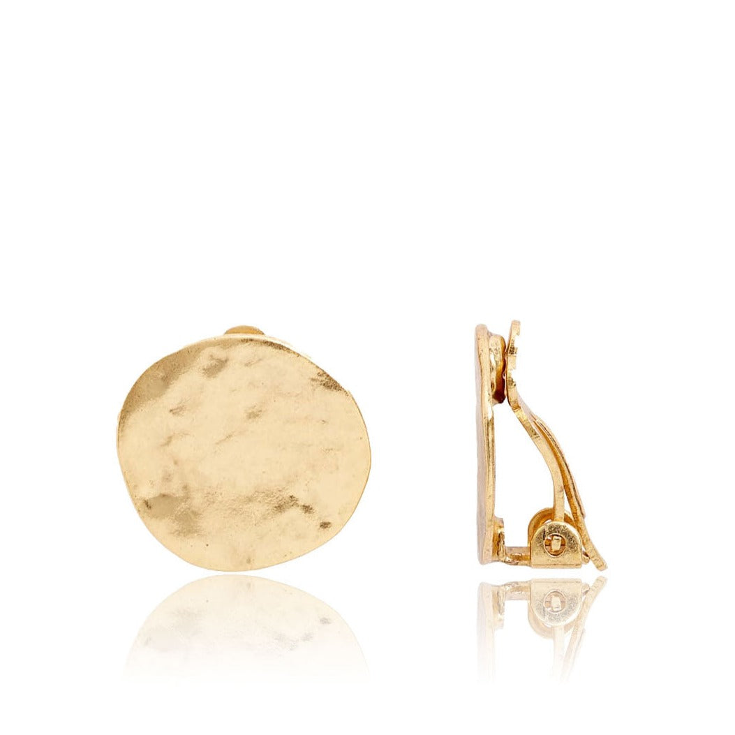 Gold Textured Coin Clip-On Earrings with softly hammered round discs and adjustable backs