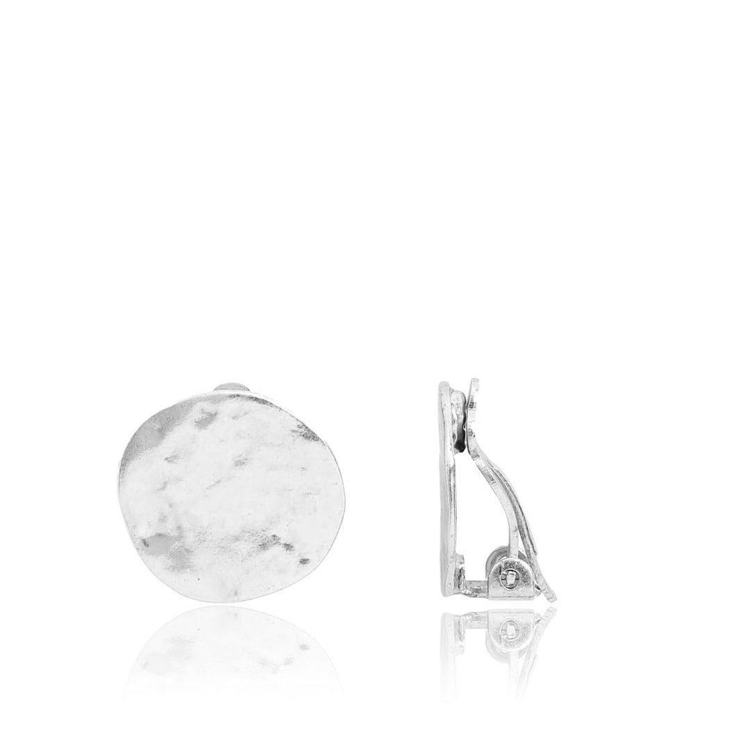 Silver Textured Coin Clip-On Earrings with irregular hammered discs and visible adjustable closures