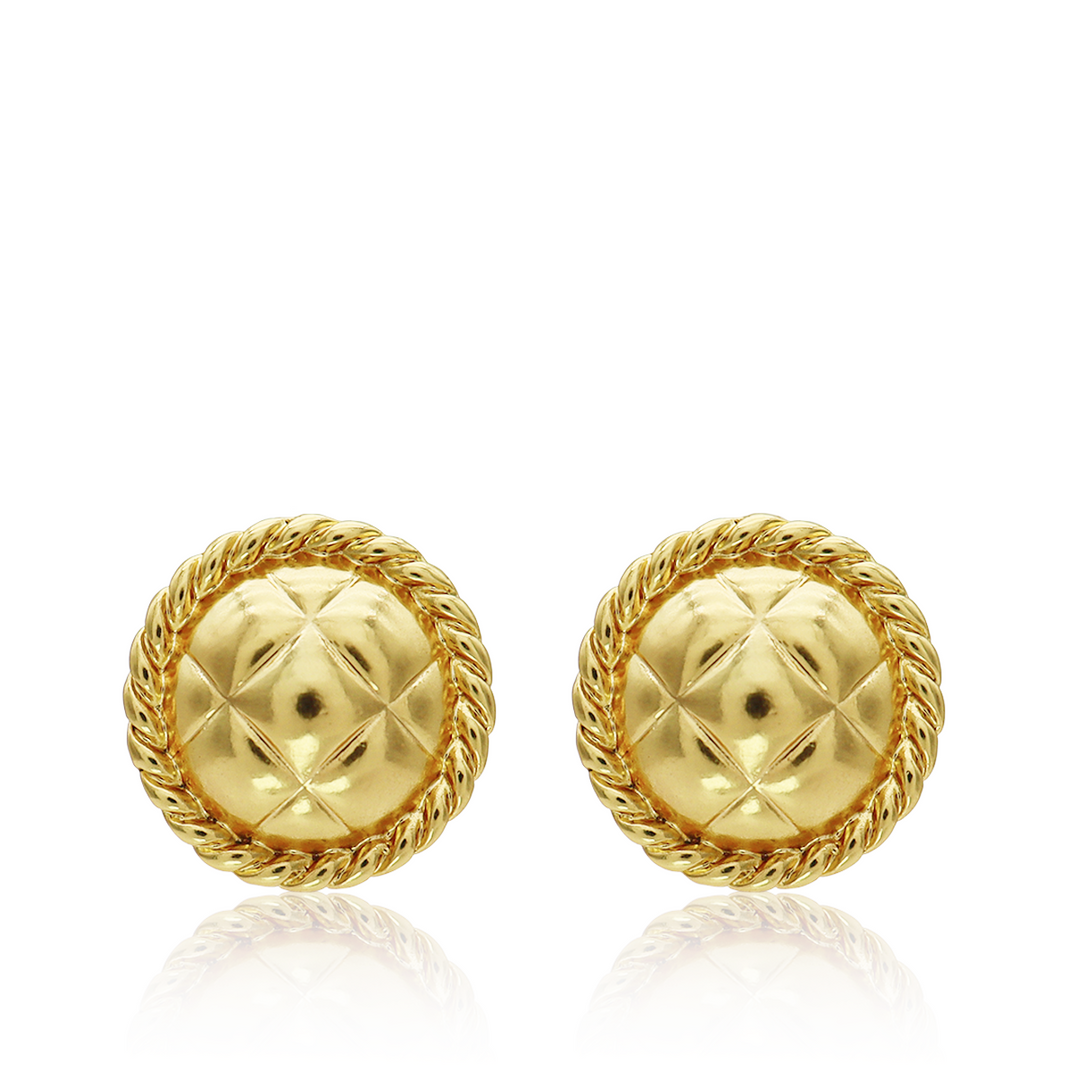 Tufted Texture Stud Earrings with domed quilted pattern and twisted gold plated rope borders