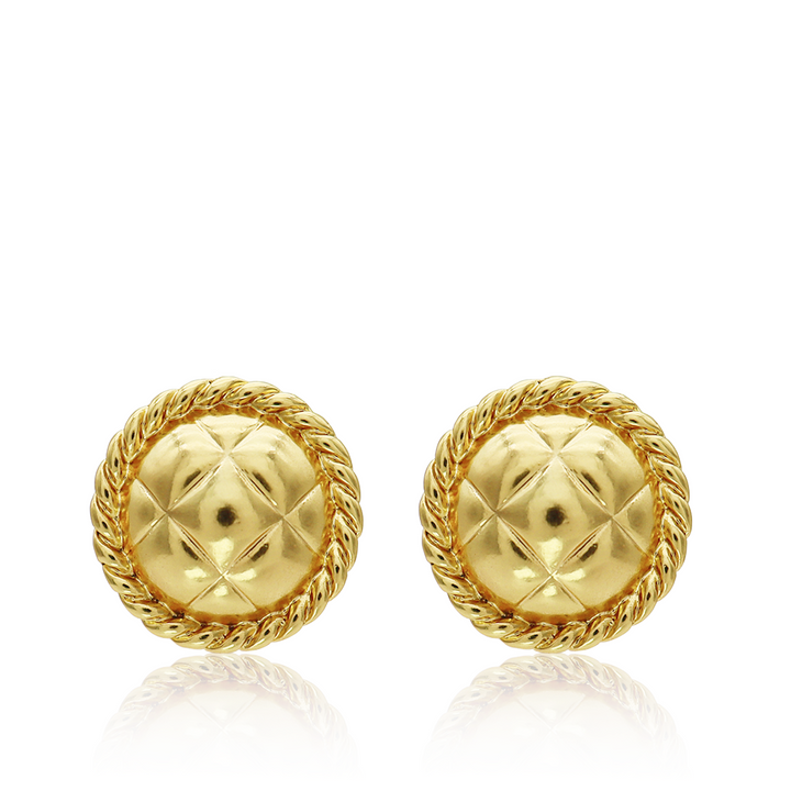 Tufted Texture Stud Earrings with domed quilted pattern and twisted gold plated rope borders