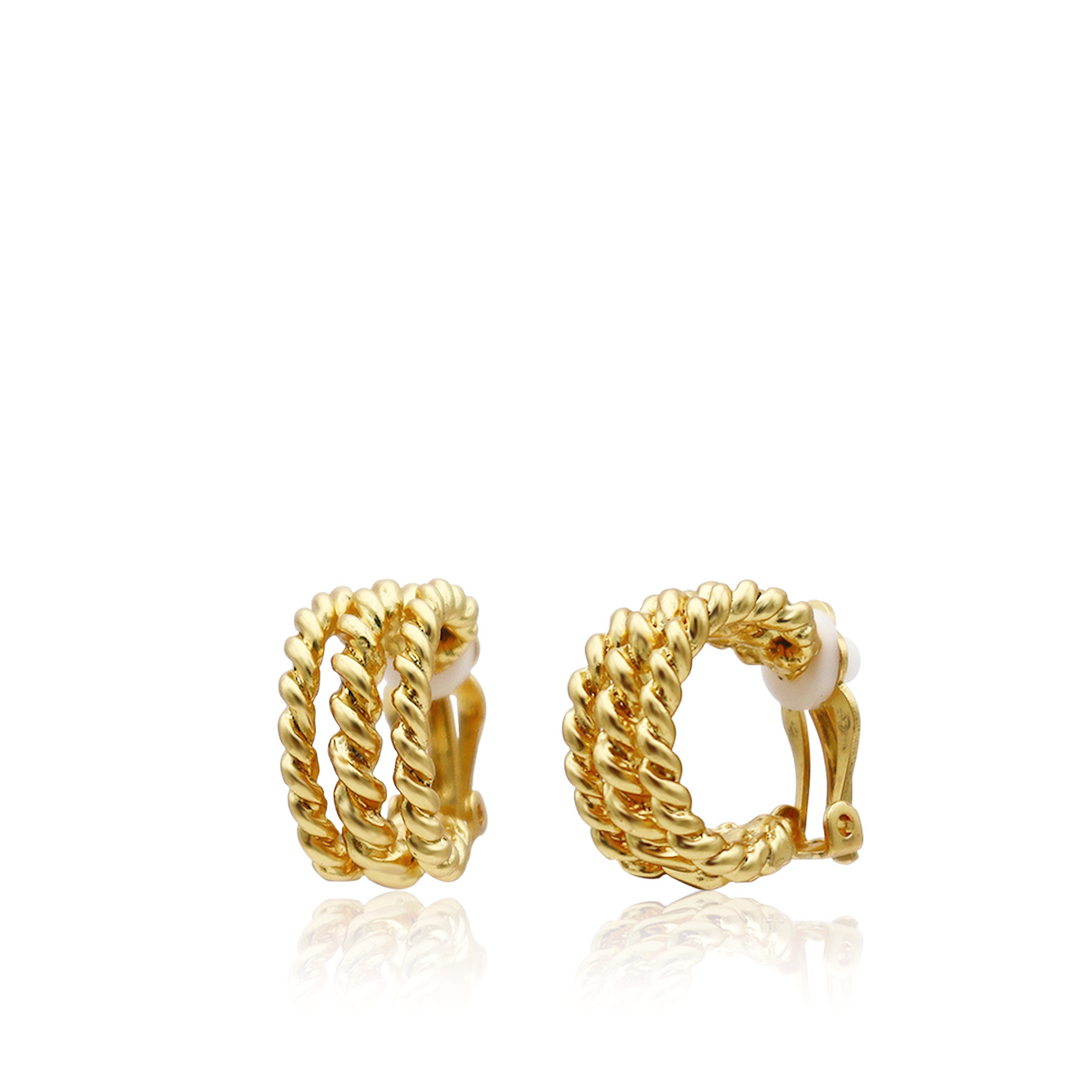 Twisted Rope Clip-On Hoop Earrings with three textured gold plated rows and padded clips
