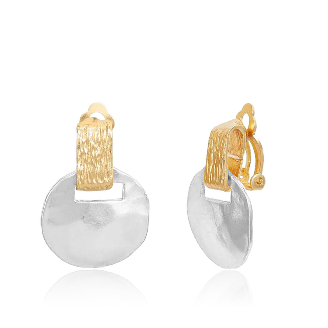 Two Tone Short Drop Clip-On Earrings with textured gold tops and hammered silver discs