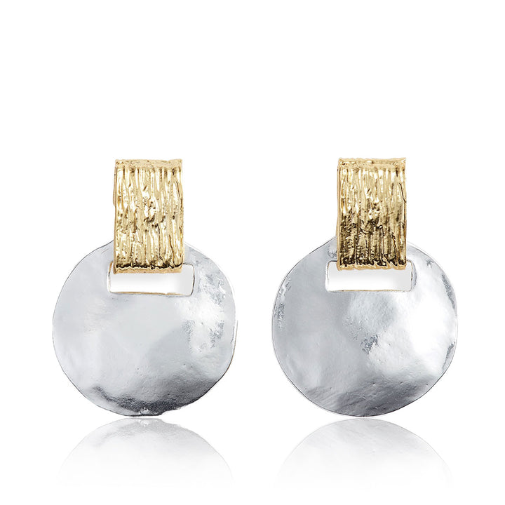 Two Tone Short Drop Earrings with textured gold rectangular studs and hammered silver discs