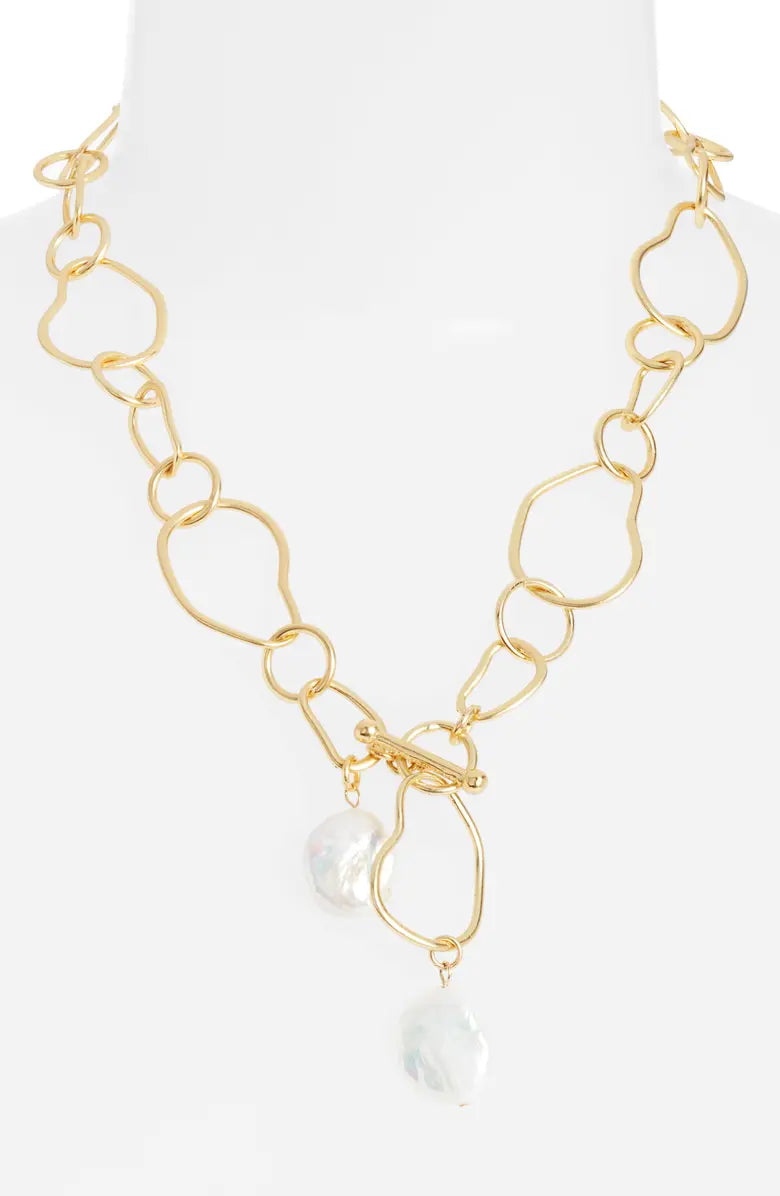 Organic link and flat pearl dangle necklace - Karine Sultan