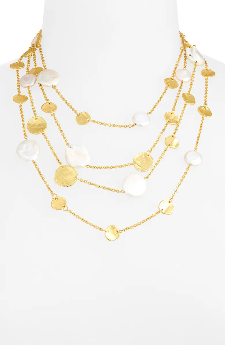 Coin and flat pearl multi strand necklace - Karine Sultan