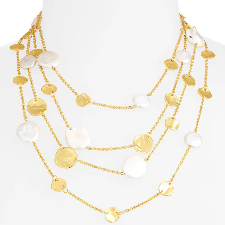 Coin and flat pearl multi strand necklace - Karine Sultan