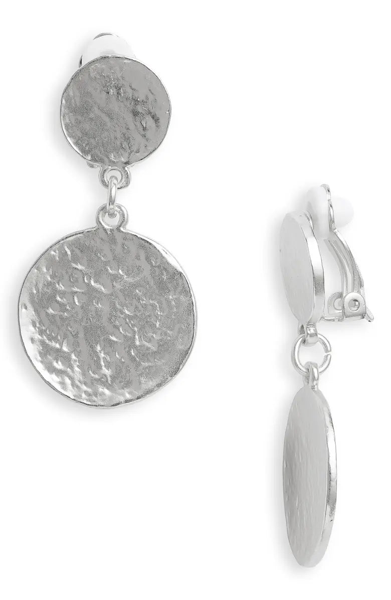 Hammered flat coin drop clip-on earrings - Karine Sultan