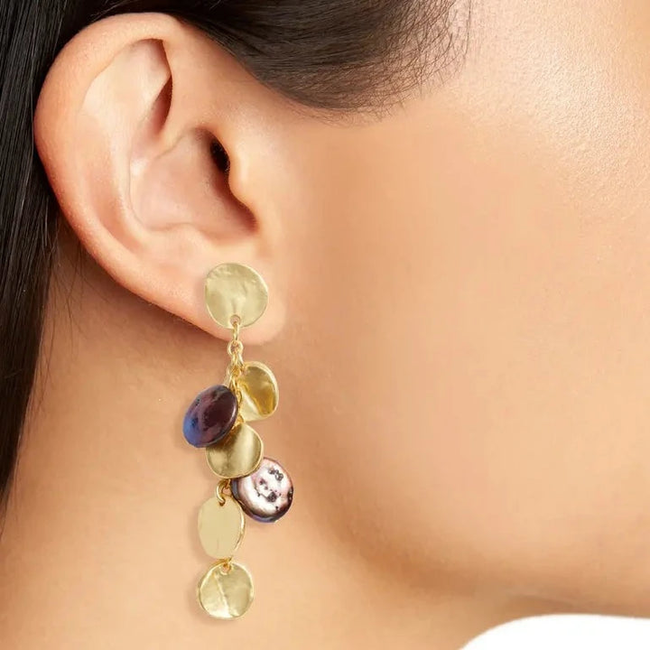 Coin and peacock pearl chandelier earrings - Karine Sultan